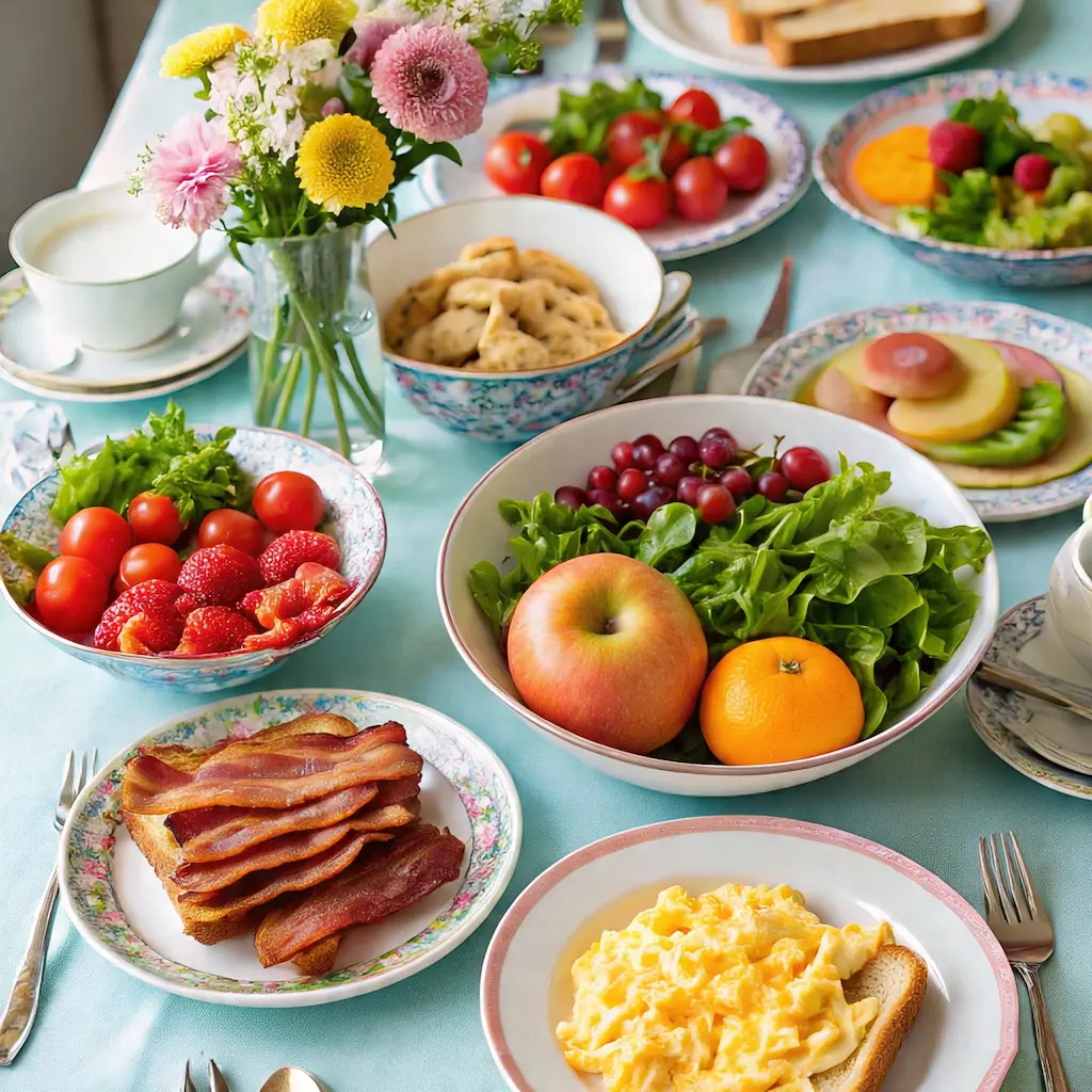 Table with fruits, meat and flowers